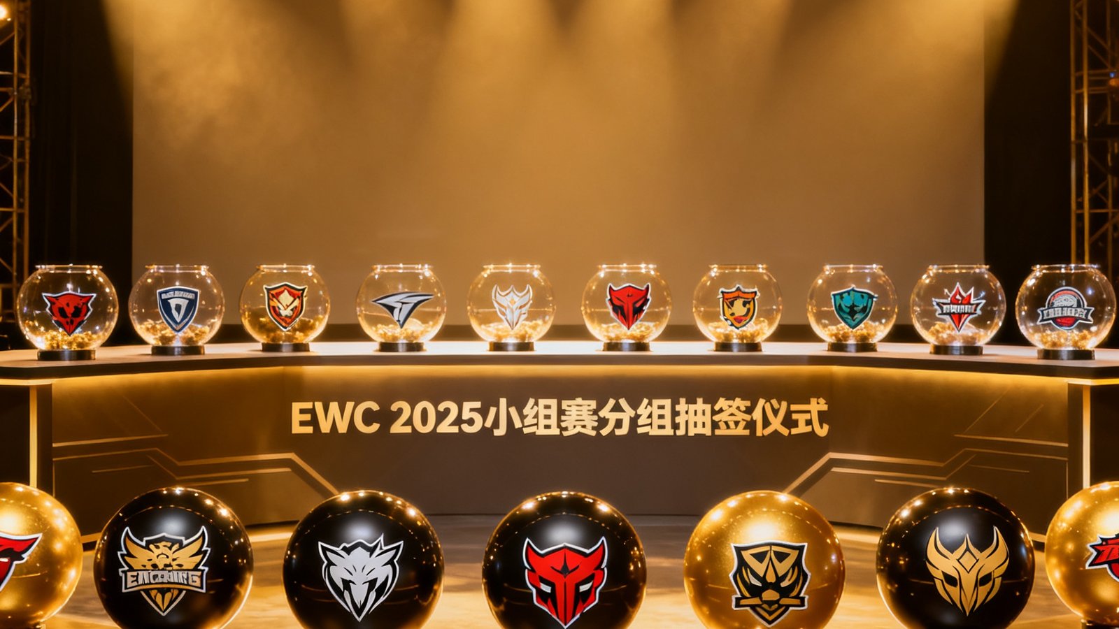 EWC 2025小组赛分组抽签仪式现场，金色灯光照耀的舞台上摆放着各赛区战队标志的抽签球
