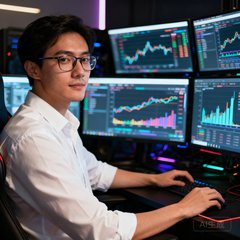 一位戴眼镜的男性电竞数据分析师半身照，穿着白色衬衫坐在多屏幕工位前，屏幕上显示着数据可视化图表