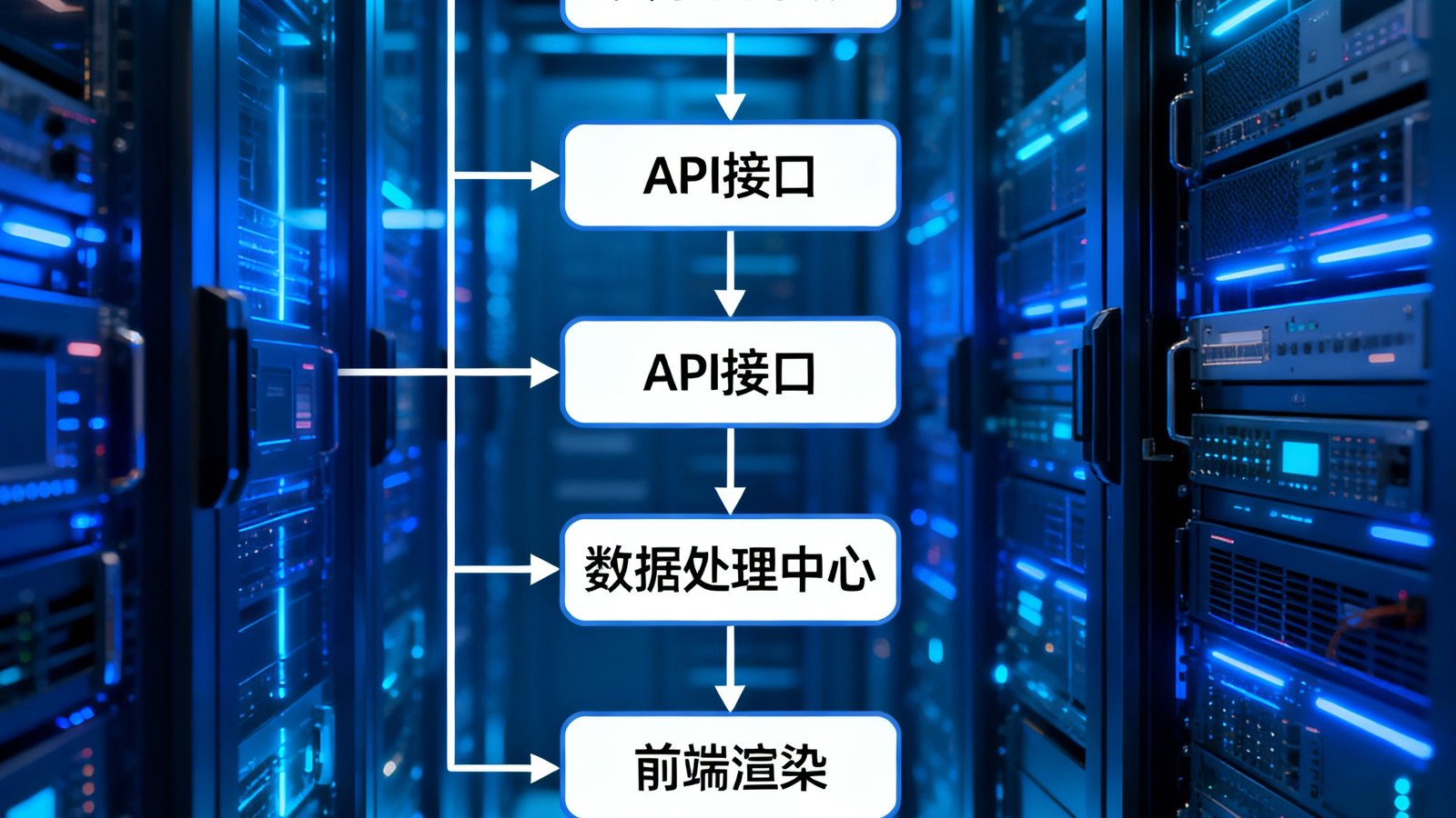 极速电竞数据API技术架构可视化示意图，展示从赛事信号源到前端渲染的数据流链路，背景为蓝光渲染的服务器机房